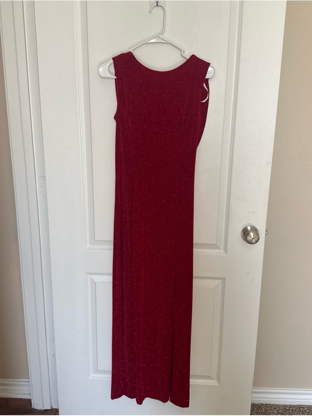 Betsy & Adam Red Sleeveless Sparkle Maxi Gown